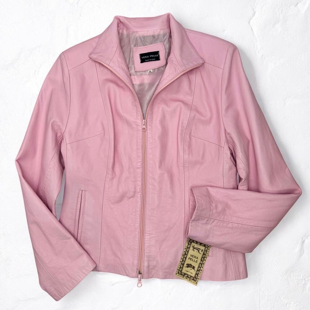 Blush Pink Vera Pelle Leather Moto Jacket – Size XXL – Soft Biker Style - New
